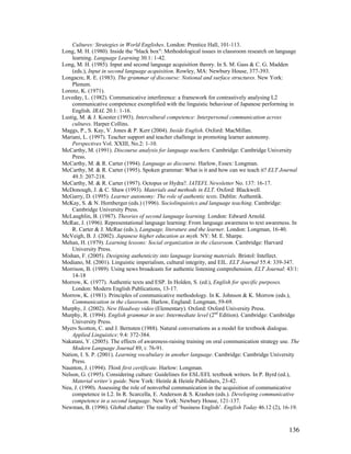 136
Cultures: Strategies in World Englishes. London: Prentice Hall, 101-113.
Long, M. H. (1980). Inside the black box: Methodological issues in classroom research on language
learning. Language Learning 30.1: 1-42.
Long, M. H. (1985). Input and second language acquisition theory. In S. M. Gass  C. G. Madden
(eds.), Input in second language acquisition. Rowley, MA: Newbury House, 377-393.
Longacre, R. E. (1983). The grammar of discourse: Notional and surface structures. New York:
Plenum.
Lorenz, K. (1971).
Loveday, L. (1982). Communicative interference: a framework for contrastively analysing L2
communicative competence exemplified with the linguistic behaviour of Japanese performing in
English. IRAL 20.1: 1-16.
Lustig, M.  J. Koester (1993). Intercultural competence: Interpersonal communication across
cultures. Harper Collins.
Maggs, P., S. Kay, V. Jones  P. Kerr (2004). Inside English. Oxford: MacMillan.
Mariani, L. (1997). Teacher support and teacher challenge in promoting learner autonomy.
Perspectives Vol. XXIII, No.2: 1-10.
McCarthy, M. (1991). Discourse analysis for language teachers. Cambridge: Cambridge University
Press.
McCarthy, M.  R. Carter (1994). Language as discourse. Harlow, Essex: Longman.
McCarthy, M.  R. Carter (1995). Spoken grammar: What is it and how can we teach it? ELT Journal
49.3: 207-218.
McCarthy, M.  R. Carter (1997). Octopus or Hydra?. IATEFL Newsletter No. 137: 16-17.
McDonough, J.  C. Shaw (1993). Materials and methods in ELT. Oxford: Blackwell.
McGarry, D. (1995). Learner autonomy: The role of authentic texts. Dublin: Authentik.
McKay, S.  N. Hornberger (eds.) (1996). Sociolinguistics and language teaching. Cambridge:
Cambridge University Press.
McLaughlin, B. (1987). Theories of second language learning. London: Edward Arnold.
McRae, J. (1996). Representational language learning: From language awareness to text awareness. In
R. Carter  J. McRae (eds.), Language, literature and the learner. London: Longman, 16-40.
McVeigh, B. J. (2002). Japanese higher education as myth. NY: M. E. Sharpe.
Mehan, H. (1979). Learning lessons: Social organization in the classroom. Cambridge: Harvard
University Press.
Mishan, F. (2005). Designing authenticity into language learning materials. Bristol: Intellect.
Modiano, M. (2001). Linguistic imperialism, cultural integrity, and EIL. ELT Journal 55.4: 339-347.
Morrison, B. (1989). Using news broadcasts for authentic listening comprehension. ELT Journal: 43/1:
14-18
Morrow, K. (1977). Authentic texts and ESP. In Holden, S. (ed.), English for specific purposes.
London: Modern English Publications, 13-17.
Morrow, K. (1981). Principles of communicative methodology. In K. Johnson  K. Morrow (eds.),
Communication in the classroom. Harlow, England: Longman, 59-69.
Murphy, J. (2002). New Headway video (Elementary). Oxford: Oxford University Press.
Murphy, R. (1994). English grammar in use: Intermediate level (2nd
Edition). Cambridge: Cambridge
University Press.
Myers Scotton, C. and J. Bernsten (1988). Natural conversations as a model for textbook dialogue.
Applied Linguistics: 9.4: 372-384.
Nakatani, Y. (2005). The effects of awareness-raising training on oral communication strategy use. The
Modern Language Journal 89, i: 76-91.
Nation, I. S. P. (2001). Learning vocabulary in another language. Cambridge: Cambridge University
Press.
Naunton, J. (1994). Think first certificate. Harlow: Longman.
Nelson, G. (1995). Considering culture: Guidelines for ESL/EFL textbook writers. In P. Byrd (ed.),
Material writer’s guide. New York: Heinle  Heinle Publishers, 23-42.
Neu, J. (1990). Assessing the role of nonverbal communication in the acquisition of communicative
competence in L2. In R. Scarcella, E. Anderson  S. Krashen (eds.). Developing communicative
competence in a second language. New York: Newbury House, 121-137.
Newman, B. (1996). Global chatter: The reality of ‘business English’. English Today 46.12 (2), 16-19.
 