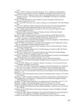 140
43-71.
Slimani, A. (1992). Evaluation of classroom interaction. In J. C. Alderson  A. Beretta (eds.),
Evaluating second language education. Cambridge: Cambridge University Press, 197–221.
Smith, P. D. Jr. (1970). A comparison of the cognitive and audiolingual approaches to foreign
language instruction – The Pennsylvania project. Philadelphia: The Center for Curriculum
Development, Inc.
Smith, J. K. (1983). Quantitative versus qualitative research: An attempt to clarify the issue.
Educational Researcher 12: 6-13.
Smith, L. (ed.) (1987). Discourse across cultures: Strategies in world Englishes. New York: Prentice
Hall.
Smith, J. K.  L. Heshusius (1986). Closing down the conversation: The end of the quantitative-
qualitative debate among educational enquirers. Educational Researcher 15: 4-13.
Stevens, J. (2002). Applied multivariate statistics for the social sciences (4th
Edition). London:
Lawrence Erlbaum Associates.
Y. Kawanishi (1996). Assessment strategies in Japanese, Korean, and American English.
Japanese/Korean Linguistics 5: 149-165.
Strevens, P. (1980). Teaching English as an international language. Oxford: Pergamon Press.
Strevens, P. (1987). Cultural barriers to language learning. In L. Smith (ed.), Discourse across
cultures: Strategies in world Englishes. New York: Prentice Hall, 169–177.
Stubbe, M. (1998). Are you listening? Cultural influences on the use of supportive verbal feedback in
conversation. Journal of Pragmatics, 29: 257-289.
Stubbs, M. (1986). Lexical density: A technique and some findings. In M. Coulthard (ed.), Talking
about text. Birmingham: English Language Research, 27-42.
Stubbs, M. (1983). Discourse analysis: The sociolinguistic analysis of natural language. Chicago:
University of Chicago Press.
Swaffar, J. (1985). Reading authentic texts in a foreign language: A cognitive model. The Modern
Language Journal 69.1: 15-34.
Swaffar, J.  A. Vlatten (1997). A sequential model for video viewing in the foreign language
curriculum. The Modern Language Journal 81.2: 175-185.
Swain, M., L. Brooks  A. Tocalli-Beller (2002). Peer-peer dialogue as a means of second language
learning. Annual Review of Applied Linguistics 22: 171-185.
Sweet, H. (1899). The practical study of languages. London: Oxford University Press.
Taborn, S. (1983). The transactional dialogue: misjudged, misused, misunderstood. ELT Journal 37.3:
207-212.
Tannen, D. (1989). Talking voices: Repetition, dialogue, and imagery in conversational discourse.
Cambridge: Cambridge University Press.
Tarone, E.  G. Yule (1987). Communication strategies in East-West interactions. In L. Smith (ed.),
Discourse across cultures: Strategies in world Englishes. New York: Prentice Hall, 49-65.
Tarone, E.  G. Yule (1989). Focus on the language learner. Oxford: Oxford University Press.
Tashakkori, A.  J. W. Creswell (2007). The new era of mixed methods. Journal of Mixed Methods
Research 1.1: 3-7.
Thornbury, S. (1997). Reformulation and reconstruction: tasks that promote ‘noticing’. ELT Journal
51.4: 326-335.
Thornbury, S. (1997). Comments on Marianne Celce-Murcia, Zoltan Dornyei, and Sarah Thurrell’s
“Direct Approaches in L2 Instruction: A Turning Point in Communicative Language Teaching?”
TESOL Quarterly 32.1: 109-116.
Thornbury, S. (1999). Window-dressing vs cross-dressing in the EFL sub-culture. Folio 5.2: 15-17.
Thornbury, S. (2001a). The unbearable lightness of EFL. ELT Journal 55.4: 391-396.
Thornbury, S. (2001b). Lighten up. A reply to Angeles Clemente. ELT Journal 55.4: 403-404.
Timmis, I. (2002). Native-speaker norms and international English: a classroom view. ELT Journal:
56.3: 240-249.
Tomlinson, B. (ed.) (1998). Materials development in language teaching. Cambridge: Cambridge
University Press.
Tomlinson, B. (2001). Materials development. In R. Carter  D. Nunan (eds.), Teaching English to
speakers of other languages. Cambridge: Cambridge University Press, 66–71.
Tomlinson, B. (ed.) (2003). Developing materials for language teaching. Continuum: London.
 