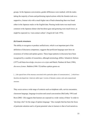 53
groups. In the Japanese conversation, gender differences were marked, with the males
taking the majority of turns and performing topical actions while the females took on a
supportive, listener role with a much higher rate of back-channeling than was found
either in the Japanese males or the English data. Pausing inside turns was much more
common in the Japanese dinner chat but direct gaze and gesturing were much lower, as
might be expected in a ‘non-contact culture’ (Argyle & Cook 1976).
(b) Generic structures
The ability to recognise or produce unified texts, which is an important part of the
definition of discourse competence, suggests that proficient language users have an
awareness of written and spoken genres. These larger patterns in discourse have been
recognised by a number of researchers, although terminology differs: Schank & Abelson
(1977) call them knowledge structures or scripts and Hatch, Flashner & Hunt (1986),
discourse frames. Bakhtin (1986: 52) defines spoken genres as:
[…] the typical form of the utterance associated with a particular sphere of communication […] which have
therefore developed into ‘relatively stable types’ in terms of thematic content, style and compositional
structure.
They occur across a wide range of contexts such as telephone calls, service encounters,
classroom language, language-in-action and casual conversation (McCarthy 1991) and
Rost (2002: 126) suggests that learners are exposed to a wide variety of them ‘in order to
‘develop a feel’ for the range of spoken language.’ One example that has been the focus
of particular attention and is of great potential value to learners is that of oral narratives.
 