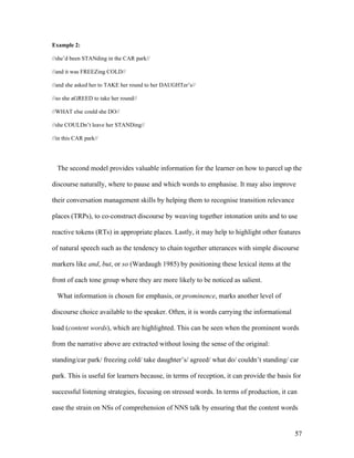 57
Example 2:
//she’d been STANding in the CAR park//
//and it was FREEZing COLD//
//and she asked her to TAKE her round to her DAUGHTer’s//
//so she aGREED to take her round//
//WHAT else could she DO//
//she COULDn’t leave her STANDing//
//in this CAR park//
The second model provides valuable information for the learner on how to parcel up the
discourse naturally, where to pause and which words to emphasise. It may also improve
their conversation management skills by helping them to recognise transition relevance
places (TRPs), to co-construct discourse by weaving together intonation units and to use
reactive tokens (RTs) in appropriate places. Lastly, it may help to highlight other features
of natural speech such as the tendency to chain together utterances with simple discourse
markers like and, but, or so (Wardaugh 1985) by positioning these lexical items at the
front of each tone group where they are more likely to be noticed as salient.
What information is chosen for emphasis, or prominence, marks another level of
discourse choice available to the speaker. Often, it is words carrying the informational
load (content words), which are highlighted. This can be seen when the prominent words
from the narrative above are extracted without losing the sense of the original:
standing/car park/ freezing cold/ take daughter’s/ agreed/ what do/ couldn’t standing/ car
park. This is useful for learners because, in terms of reception, it can provide the basis for
successful listening strategies, focusing on stressed words. In terms of production, it can
ease the strain on NSs of comprehension of NNS talk by ensuring that the content words
 