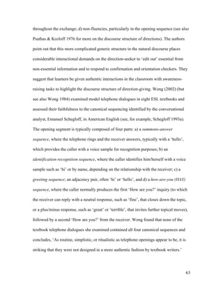 63
throughout the exchange; d) non-fluencies, particularly in the opening sequence (see also
Psathas & Kozloff 1976 for more on the discourse structure of directions). The authors
point out that this more complicated generic structure in the natural discourse places
considerable interactional demands on the direction-seeker to ‘edit out’ essential from
non-essential information and to respond to confirmation and orientation checkers. They
suggest that learners be given authentic interactions in the classroom with awareness-
raising tasks to highlight the discourse structure of direction-giving. Wong (2002) (but
see also Wong 1984) examined model telephone dialogues in eight ESL textbooks and
assessed their faithfulness to the canonical sequencing identified by the conversational
analyst, Emanuel Schegloff, in American English (see, for example, Schegloff 1993a).
The opening segment is typically composed of four parts: a) a summons-answer
sequence, where the telephone rings and the receiver answers, typically with a ‘hello’,
which provides the caller with a voice sample for recognition purposes; b) an
identification-recognition sequence, where the caller identifies him/herself with a voice
sample such as ‘hi’ or by name, depending on the relationship with the receiver; c) a
greeting sequence; an adjacency pair, often ‘hi’ or ‘hello’, and d) a how-are-you (HAY)
sequence, where the caller normally produces the first ‘How are you?’ inquiry (to which
the receiver can reply with a neutral response, such as ‘fine’, that closes down the topic,
or a plus/minus response, such as ‘great’ or ‘terrible’, that invites further topical moves),
followed by a second ‘How are you?’ from the receiver. Wong found that none of the
textbook telephone dialogues she examined contained all four canonical sequences and
concludes, ‘As routine, simplistic, or ritualistic as telephone openings appear to be, it is
striking that they were not designed in a more authentic fashion by textbook writers.’
 