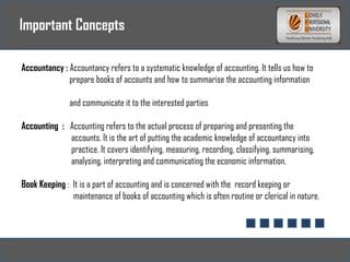 Important Concepts
Accountancy : Accountancy refers to a systematic knowledge of accounting. It tells us how to
prepare books of accounts and how to summarise the accounting information
and communicate it to the interested parties
Accounting : Accounting refers to the actual process of preparing and presenting the
accounts. It is the art of putting the academic knowledge of accountancy into
practice. It covers identifying, measuring, recording, classifying, summarising,
analysing, interpreting and communicating the economic information.
Book Keeping : It is a part of accounting and is concerned with the record keeping or
maintenance of books of accounting which is often routine or clerical in nature.
 
