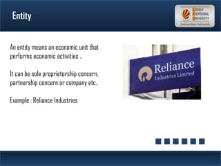 Entity
An entity means an economic unit that
performs economic activities .
It can be sole proprietorship concern,
partnership concern or company etc.
Example : Reliance Industries
 