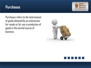 Purchases
Purchases refers to the total amount
of goods obtained by an enterprises
for resale or for use in production of
goods in the normal course of
business
 