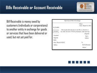 Bills Receivable or Account Receivable
Bill Receivable is money owed by
customers (individuals or corporations)
to another entity in exchange for goods
or services that have been delivered or
used, but not yet paid for.
 