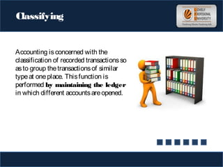 Classifying
 
Accounting isconcerned with the
classification of recorded transactionsso
asto group thetransactionsof similar
typeat oneplace. Thisfunction is
performed by maintaining the ledger
in which different accountsareopened.
 