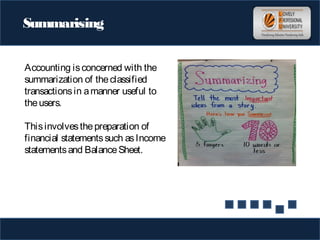 Summarising
Accounting isconcerned with the
summarization of theclassified
transactionsin amanner useful to
theusers.
Thisinvolvesthepreparation of
financial statementssuch asIncome
statementsand BalanceSheet.
 