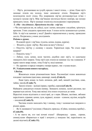— Пір’я, розташоване на тулубі, крилах і хвості птаха, — різне. Одне пір’я
захищає птахів від холоду, інше допомагає літати. Покривне пір’я
полегшуючи політ птаха. Під покривним пір’ям розташовується м’яке і
пухнасте пухове пір’я. Між пір’їнками міститься багато повітря, що погано
проводить тепло. Пір’я захищає птахів від охолодження і перегрівання.
5. «Ми – дослідники». Проведення досліду з пір’ям.
Чи спостерігали ви, як лебеді, гуси і качки, виходячи з водойми, тріпочуть
крильми. З них спадають краплини води. І птахи потім залишаються сухими.
Хіба їх пір’я не намокає у воді? Давайте переконаємося у цьому, проведемо
дослід. Пограємось у юних дослідників.
Робота в групах.
В кожній групі є пір’їнка. (гусяча, качки, індика, куряча).
— Візьміть у руки пір'їну. Яка вона на вагу? (Легка.)
 Опустіть пір’їну у склянку з водою. Торкніться пера. Чи стало перо
мокрим?
 Поясніть чому ?
 Лебеді, гуси, качки, коли чистять дзьобом своє пір’я, то одночасно
змащують його жиром. Тому пір’я цих птахів не намокає під час плавання. У
курки такого жиру немає, тому її пір’я у воді намокає.
 Не даремно в народі говорять «мокра курка», «як з гусака вода».
IV. Усвідомлення нового матеріалу.
1.Бесіда.
Живляться птахи різноманітною їжею. Рослиноїдні птахи живляться
плодами і насінням (щиглики, шишкарі, чижі). (Сайд 6).
Хижі їдять комах та їхніх личинок, риб, жаб, мишей (ластівки, сови,
чайки, чаплі). (Слайд 7).
Багато птахів – всеїдні (граки, горобці, сороки).(Сайд 8).
Найважче доводиться птахам взимку. Зникають комахи, зелені рослини, все
вкривається снігом. Тому вже вкінці літа птахи готуються до зими.
Перелітні птахи відлітають в теплі краї, де є корм. Шпаки, ластівки, зяблики
перелітають зграями; качки, гуси, журавлі, лелеки – клином; шуліки, яструби
– поодинці.(Слайд 9).
Частина птахів знаходить їжу і взимку, тому і залишається зимувати в
рідних краях.
- Як їх називають? (осілими.) Наведіть приклад. (Сойки, повзики,горобці) .
(Слайд10).
- А чи знаєте ви, хто такі кочові птахи? (Наприклад: граки, сороки,
синиці,галки збираються в зграї і кочують у пошуках їжі, перелітають на
далекі відстані). (Слайд 11).
 