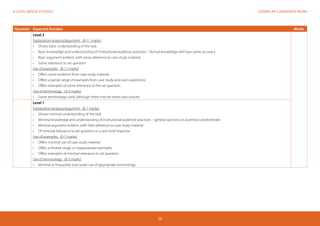 A LEVEL MEDIA STUDIES EXEMPLAR CANDIDATE WORK 
30 
Question Expected Answers Marks 
Level 2 
Explanation/analysis/argument (8-11 marks) 
• Shows basic understanding of the task 
• Basic knowledge and understanding of institutional/audience practices – factual knowledge will have some accuracy 
• Basic argument evident, with some reference to case study material 
• Some relevance to set question 
Use of examples (8-11 marks) 
• Offers some evidence from case study material 
• Offers a partial range of examples from case study and own experience 
• Offers examples of some relevance to the set question 
Use of terminology (4-5 marks) 
• Some terminology used, although there may be some inaccuracies 
Level 1 
Explanation/analysis/argument (0-7 marks) 
• Shows minimal understanding of the task 
• Minimal knowledge and understanding of institutional/audience practices – general opinions or assertions predominate 
• Minimal argument evident, with little reference to case study material 
• Of minimal relevance to set question or a very brief response 
Use of examples (0-7 marks) 
• Offers minimal use of case study material 
• Offers a limited range, or inappropriate examples 
• Offers examples of minimal relevance to set question 
Use of terminology (0-3 marks) 
• Minimal or frequently inaccurate use of appropriate terminology 
 