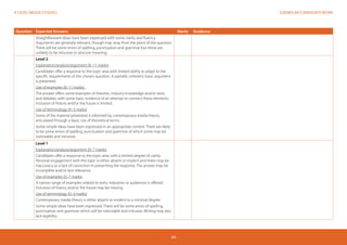 EXEMPLAR CANDIDATE WORKA LEVEL MEDIA STUDIES
64
Question Expected Answers Marks Guidance
Straightforward ideas have been expressed with some clarity and fluency.
Arguments are generally relevant, though may stray from the point of the question.
There will be some errors of spelling, punctuation and grammar but these are
unlikely to be intrusive or obscure meaning.
Level 2
Explanation/analysis/argument (8–11 marks)
Candidates offer a response to the topic area with limited ability to adapt to the
specific requirements of the chosen question. A partially coherent, basic argument
is presented.
Use of examples (8–11 marks)
The answer offers some examples of theories, industry knowledge and/or texts
and debates, with some basic evidence of an attempt to connect these elements.
Inclusion of history and/or the future is limited.
Use of terminology (4–5 marks)
Some of the material presented is informed by contemporary media theory,
articulated through a basic use of theoretical terms.
Some simple ideas have been expressed in an appropriate context. There are likely
to be some errors of spelling, punctuation and grammar of which some may be
noticeable and intrusive.
Level 1
Explanation/analysis/argument (0–7 marks)
Candidates offer a response to the topic area, with a limited degree of clarity.
Personal engagement with the topic is either absent or implicit and there may be
inaccuracy or a lack of conviction in presenting the response. The answer may be
incomplete and/or lack relevance.
Use of examples (0–7 marks)
A narrow range of examples related to texts, industries or audiences is offered.
Inclusion of history and/or the future may be missing.
Use of terminology (0–3 marks)
Contemporary media theory is either absent or evident to a minimal degree.
Some simple ideas have been expressed. There will be some errors of spelling,
punctuation and grammar which will be noticeable and intrusive. Writing may also
lack legibility.
 