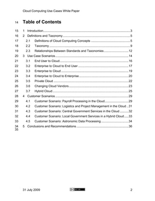 Cloud Computing Use Cases White Paper


14   Table of Contents
15   1 Introduction......................................................................................................3
16   2 Definitions and Taxonomy ...............................................................................5
17      2.1      Definitions of Cloud Computing Concepts ..............................................5
18      2.2      Taxonomy ...............................................................................................9
19      2.3      Relationships Between Standards and Taxonomies.............................12
20   3 Use Case Scenarios......................................................................................14
21      3.1      End User to Cloud.................................................................................16
22      3.2      Enterprise to Cloud to End User ...........................................................17
23      3.3      Enterprise to Cloud ...............................................................................19
24      3.4      Enterprise to Cloud to Enterprise ..........................................................20
25      3.5      Private Cloud ........................................................................................22
26      3.6      Changing Cloud Vendors ......................................................................23
27      3.7      Hybrid Cloud .........................................................................................25
28   4 Customer Scenarios ......................................................................................29
29      4.1      Customer Scenario: Payroll Processing in the Cloud............................29
30      4.2      Customer Scenario: Logistics and Project Management in the Cloud ..31
31      4.3      Customer Scenario: Central Government Services in the Cloud ..........32
32      4.4      Customer Scenario: Local Government Services in a Hybrid Cloud .....33
33      4.5      Customer Scenario: Astronomic Data Processing ................................34
34   5 Conclusions and Recommendations .............................................................36
35




     31 July 2009                                                                                                       2
 