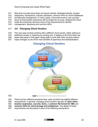 Cloud Computing Use Cases White Paper


511   Note that a private cloud does not require identity, federated identity, location
512   awareness, transactions, industry standards, common APIs for cloud middleware
513   and lifecycle management. In many cases, consumers have to use a private
514   cloud so that location awareness will no longer be an issue. Keeping the cloud
515   inside the enterprise removes many of the requirements for identity
516   management, standards and common APIs.

517   3.6 Changing Cloud Vendors
518   This use case involves working with a different cloud vendor, either adding an
519   additional vendor or replacing an existing one. It applies to all of the other use
520   cases discussed in this paper. Being able to work with other vendors without
521   major changes is one of the main benefits of openness and standardization.




522
523   There are four different scenarios here, each of which has slightly different
524   requirements. In general, changing cloud vendors requires an open client,
525   location awareness, security, SLAs, a common file format for VMs and
526   common APIs for cloud storage and middleware. The details of those
527   requirements are discussed in each of the following subsections.




      31 July 2009                                                                         23
 