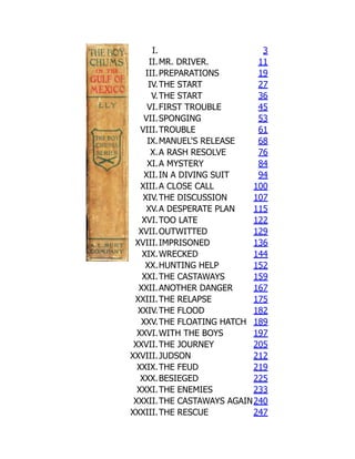 I. 3
II.MR. DRIVER. 11
III.PREPARATIONS 19
IV.THE START 27
V.THE START 36
VI.FIRST TROUBLE 45
VII.SPONGING 53
VIII.TROUBLE 61
IX.MANUEL'S RELEASE 68
X.A RASH RESOLVE 76
XI.A MYSTERY 84
XII.IN A DIVING SUIT 94
XIII.A CLOSE CALL 100
XIV.THE DISCUSSION 107
XV.A DESPERATE PLAN 115
XVI.TOO LATE 122
XVII.OUTWITTED 129
XVIII.IMPRISONED 136
XIX.WRECKED 144
XX.HUNTING HELP 152
XXI.THE CASTAWAYS 159
XXII.ANOTHER DANGER 167
XXIII.THE RELAPSE 175
XXIV.THE FLOOD 182
XXV.THE FLOATING HATCH 189
XXVI.WITH THE BOYS 197
XXVII.THE JOURNEY 205
XXVIII.JUDSON 212
XXIX.THE FEUD 219
XXX.BESIEGED 225
XXXI.THE ENEMIES 233
XXXII.THE CASTAWAYS AGAIN240
XXXIII.THE RESCUE 247
 