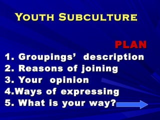 Youth SubcultureYouth Subculture
PLANPLAN
1. Groupings’ description1. Groupings’ description
2. Reasons of joining2. Reasons of joining
3. Your opinion3. Your opinion
4.Ways of expressing4.Ways of expressing
5. What is your way?5. What is your way?
 