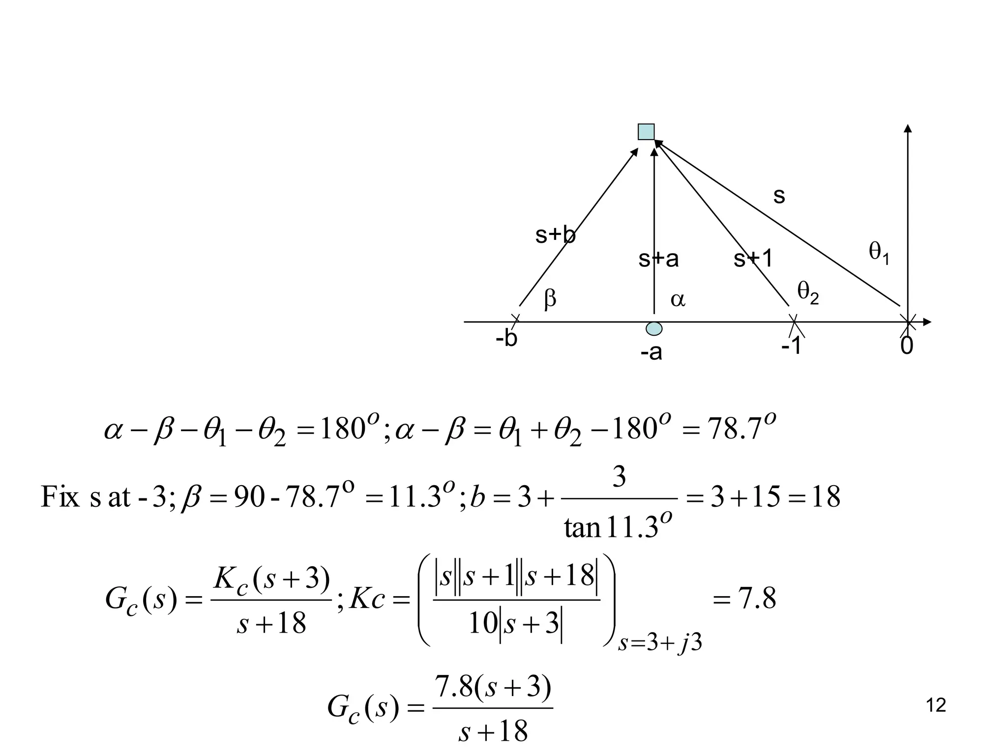 12
-b
-a -1 0
s
s+b
s+a s+1 1
2


18
)
3
(
8
.
7
)
(
8
.
7
3
10
18
1
;
18
)
3
(
)
(
18
15
3
3
.
11
tan
3
3
;
3
.
11
78.7
-
90
3;
-
at
s
Fix
7
.
78
180
;
180
3
3
o
2
1
2
1





































s
s
s
G
s
s
s
s
Kc
s
s
K
s
G
b
c
j
s
c
c
o
o
o
o
o









 