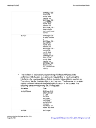 developerWorks®                                                                           ibm.com/developerWorks




                                            $0.130 per GB -
                                            next 40TB /
                                            month data
                                            transfer out
                                            $0.110 per GB -
                                            next 100TB /
                                            month data
                                            transfer out
                                            $0.100 per GB -
                                            data transfer
                                            out / month over
                                            150TB
                   Europe                   $0.100 per GB -
                                            all data transfer
                                            in
                                            $0.170 per GB -
                                            first 10TB /
                                            month data
                                            transfer out
                                            $0.130 per GB -
                                            next 40TB /
                                            month data
                                            transfer out
                                            $0.110 per GB -
                                            next 100TB /
                                            month data
                                            transfer out
                                            $0.100 per GB -
                                            data transfer
                                            out / month over
                                            150TB


               • The number of application programming interface (API) requests
                 performed. S3 charges fees per each request that is made using the
                 interface—for creating objects, listing buckets, listing objects, and so on.
                 There is no fee for deleting objects and buckets. The fees are once again
                 slightly different based on the geographic location of the bucket. The
                 following table shows pricing for API requests.
                   Location                 Cost
                   United States            $0.01 per 1,00
                                            0 PUT, POST,
                                            or LIST
                                            requests
                                            $0.01 per
                                            10,000 GET
                                            and all other
                                            requests
                                            No charge for
                                            delete requests
                   Europe                   $0.012 per


Amazon Simple Storage Service (S3)
Page 8 of 21                                             © Copyright IBM Corporation 1994, 2008. All rights reserved.
 