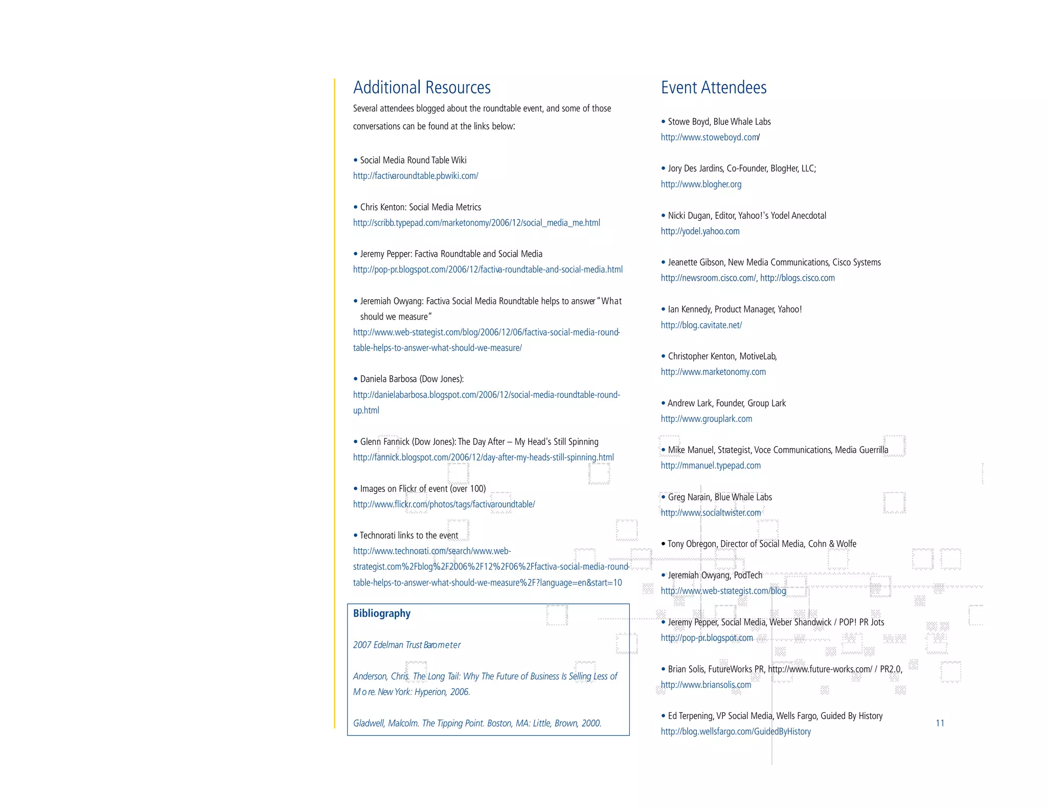 Additional Resources                                                            Event Attendees
Several attendees blogged about the roundtable event, and some of those
conversations can be found at the links below:                                  • Stowe Boyd, Blue Whale Labs
                                                                                http://www.stoweboyd.com/

• Social Media Round Table Wiki
                                                                                • Jory Des Jardins, Co-Founder, BlogHer, LLC;
http://factivaroundtable.pbwiki.com/
                                                                                http://www.blogher.org

• Chris Kenton: Social Media Metrics
                                                                                • Nicki Dugan, Editor, Yahoo!'s Yodel Anecdotal
http://scribb.typepad.com/marketonomy/2006/12/social_media_me.html
                                                                                http://yodel.yahoo.com

• Jeremy Pepper: Factiva Roundtable and Social Media
                                                                                • Jeanette Gibson, New Media Communications, Cisco Systems
http://pop-pr.blogspot.com/2006/12/factiva-roundtable-and-social-media.html
                                                                                http://newsroom.cisco.com/, http://blogs.cisco.com

• Jeremiah Owyang: Factiva Social Media Roundtable helps to answer “ W h a t
                                                                                • Ian Kennedy, Product Manager, Yahoo!
  should we measure”
                                                                                http://blog.cavitate.net/
http://www.web-strategist.com/blog/2006/12/06/factiva-social-media-round-
table-helps-to-answer-what-should-we-measure/
                                                                                • Christopher Kenton, MotiveLab,
                                                                                http://www.marketonomy.com
• Daniela Barbosa (Dow Jones):
http://danielabarbosa.blogspot.com/2006/12/social-media-roundtable-round-
                                                                                • Andrew Lark, Founder, Group Lark
up.html
                                                                                http://www.grouplark.com

• Glenn Fannick (Dow Jones): The Day After – My Head's Still Spinning
                                                                                • Mike Manuel, Strategist, Voce Communications, Media Guerrilla
http://fannick.blogspot.com/2006/12/day-after-my-heads-still-spinning.html
                                                                                http://mmanuel.typepad.com

• Images on Flickr of event (over 100)
                                                                                • Greg Narain, Blue Whale Labs
http://www.flickr.com/photos/tags/factivaroundtable/
                                                                                http://www.socialtwister.com

• Technorati links to the event
                                                                                • Tony Obregon, Director of Social Media, Cohn & Wolfe
http://www.technorati.com/search/www.web-
strategist.com%2Fblog%2F2006%2F12%2F06%2Ffactiva-social-media-round-
                                                                                • Jeremiah Owyang, PodTech
table-helps-to-answer-what-should-we-measure%2F?language=en&start=10
                                                                                http://www.web-strategist.com/blog

Bibliography
                                                                                • Jeremy Pepper, Social Media, Weber Shandwick / POP! PR Jots
                                                                                http://pop-pr.blogspot.com
2007 Edelman Trust Baro m e t e r

                                                                                • Brian Solis, FutureWorks PR, http://www.future-works.com/ / PR2.0,
Anderson, Chris. The Long Tail: Why The Future of Business Is Selling Less of
                                                                                http://www.briansolis.com
M o re. New York: Hyperion, 2006.

                                                                                • Ed Terpening, VP Social Media, Wells Fargo, Guided By History
Gladwell, Malcolm. The Tipping Point. Boston, MA: Little, Brown, 2000.                                                                                 11
                                                                                http://blog.wellsfargo.com/GuidedByHistory
 