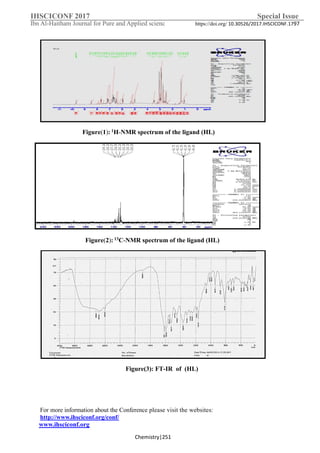 IHSCICONF 2017 Special Issue
Ibn Al-Haitham Journal for Pure and Applied scienc https://doi.org/ 10.30526/2017.IHSCICONF.1797
For more information about the Conference please visit the websites:
http://www.ihsciconf.org/conf/
www.ihsciconf.org
Chemistry|251
Figure)1(: 1H-NMR spectrum of the ligand (HL)
Figure)2(: 13C-NMR spectrum of the ligand (HL)
Figure)3(: FT-IR of (HL)
 