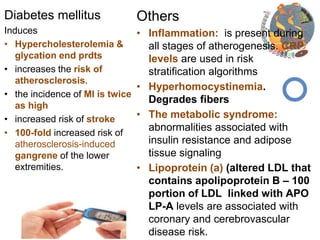 Diabetes mellitus
Induces
• Hypercholesterolemia &
glycation end prdts
• increases the risk of
atherosclerosis.
• the incidence of MI is twice
as high
• increased risk of stroke
• 100-fold increased risk of
atherosclerosis-induced
gangrene of the lower
extremities.
Others
• Inflammation: is present during
all stages of atherogenesis. CRP
levels are used in risk
stratification algorithms
• Hyperhomocystinemia.
Degrades fibers
• The metabolic syndrome:
abnormalities associated with
insulin resistance and adipose
tissue signaling
• Lipoprotein (a) (altered LDL that
contains apolipoprotein B – 100
portion of LDL linked with APO
LP-A levels are associated with
coronary and cerebrovascular
disease risk.
 