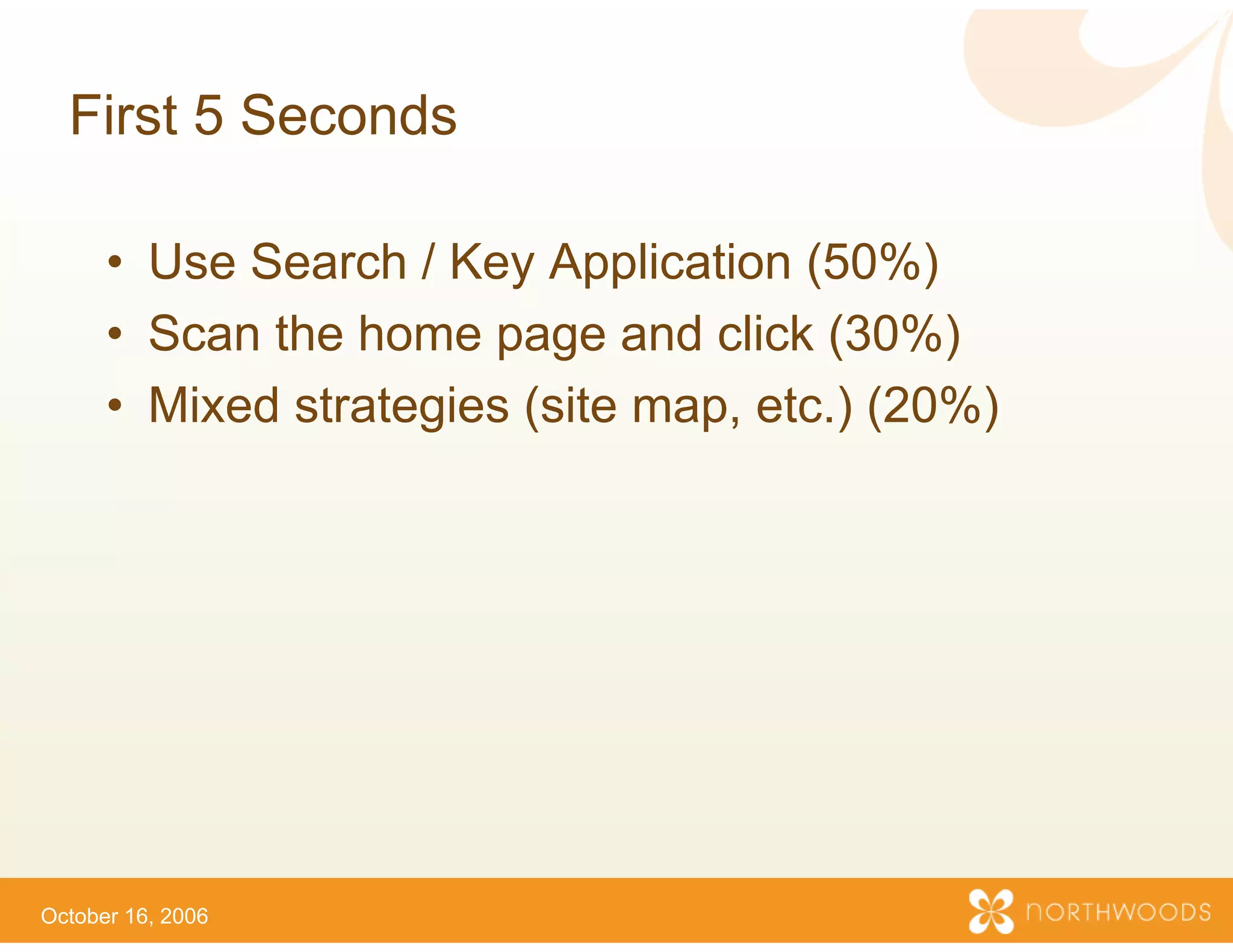 First 5 Seconds

      • Use S
            Search / Key App  plication ( %)
                                        (50%)
      • Scan the home page and click (30%)
                       p g               (    )
      • Mixed strategies (site map, etc.) (20%)




October 16, 2006
 