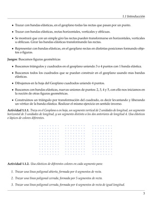 ´
                                                                                            1.1 Introduccion

      Trazar con bandas el´ sticas, en el geoplano todas las rectas que pasan por un punto.
                          a

      Trazar con bandas el´ sticas, rectas horizontales, verticales y oblicuas.
                          a

      Se mostrar´ que con un simple giro las rectas pueden transformarse en horizontales, verticales
                 a
      u obl´cuas. Girar las bandas el´ sticas transformando las rectas.
           ı                         a

      Representar con bandas el´ sticas, en el geoplano rectas en distintas posiciones formando obje-
                               a
      tos o ﬁguras.

Juegos: Buscamos ﬁguras geom´ tricas
                            e

      Buscamos tri´ ngulos y cuadrados en el geoplano uniendo 3 o 4 puntos con 1 banda el´ stica.
                  a                                                                      a

      Buscamos todos los cuadrados que se puedan construir en el geoplano usando mas bandas
      el´ sticas.
        a

      Dibujamos en la hoja del Geoplano cuadrados uniendo 4 puntos.

      Buscamos con bandas el´ sticas, nuevas uniones de puntos: 2, 3, 4 y 5, con ello nos iniciamos en
                              a
             ´
      la nocion de otras ﬁguras geom´ tricas.
                                     e

                                                      ´
      Construimos un tri´ ngulo por transformacion del cuadrado, es decir levantando y liberando
                           a
      un v´ rtice de la banda el´ stica. Realizar el mismo ejercicio en sentido inverso.
          e                     a

Actividad 1.1.1. Traza en el Geoplano o en hoja, un segmento vertical de 2 unidades de longitud, un segmento
horizontal de 3 unidades de longitud, y un segmento distinto a los dos anteriores de longitud 4. Usa el´ sticos
                                                                                                       a
o l´ pices de colores diferentes.
   a




Actividad 1.1.2. Usa el´ sticos de diferentes colores en cada segmento para:
                       a

   1. Trazar una l´nea poligonal abierta, formada por 4 segmentos de recta.
                  ı

   2. Trazar una l´nea poligonal cerrada, formada por 5 segmentos de recta.
                  ı

   3. Trazar una l´nea poligonal cerrada, formada por 4 segmentos de recta de igual longitud.
                  ı

                                                                                                             3
 