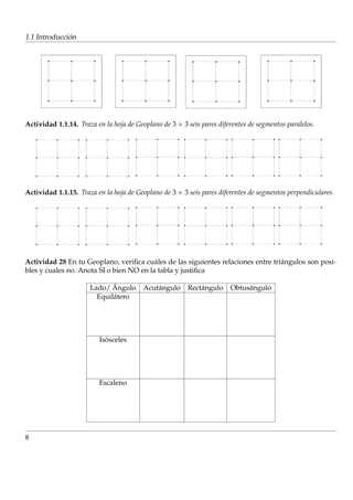 ´
1.1 Introduccion




Actividad 1.1.14. Traza en la hoja de Geoplano de 3 × 3 seis pares diferentes de segmentos paralelos.




Actividad 1.1.15. Traza en la hoja de Geoplano de 3 × 3 seis pares diferentes de segmentos perpendiculares.




Actividad 28 En tu Geoplano, veriﬁca cu´ les de las siguientes relaciones entre tri´ ngulos son posi-
                                          a                                        a
bles y cuales no. Anota SI o bien NO en la tabla y justiﬁca

                             ´
                      Lado/ Angulo       Acut´ ngulo
                                             a          Rect´ ngulo
                                                            a          Obtus´ ngulo
                                                                            a
                        Equil´ tero
                             a




                           ´
                         Isosceles




                         Escaleno




8
 