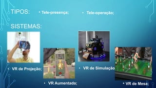 TIPOS: • Tele-presença;
• VR de Mesa;
SISTEMAS:
• VR de Simulação;
• VR de Projeção;
• VR Aumentada;
• Tele-operação;
 