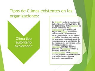 Tipos de Climas existentes en las
organizaciones:
Clima tipo
autoritario
explorador:
• La dirección no tiene confianza en
sus empleados, la mayor parte de
las decisiones y de los objetivos se
toman en la cima de la
organización y se distribuyen
según una función puramente
descendente. Los empleados
tienen que trabajar dentro de una
atmósfera de miedo, de castigos,
de amenazas, ocasionalmente de
recompensas, y la satisfacción de
las necesidades permanece en los
niveles psicológicos y de
seguridad, este tipo de clima
presenta un ambiente estable y
aleatorio en el que las
comunicaciones de la dirección
con sus empleados no existe mas
que en forma de ordenes e
instrucciones especificas.
 