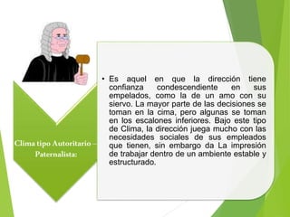 ClimatipoAutoritario–
Paternalista:
• Es aquel en que la dirección tiene
confianza condescendiente en sus
empelados, como la de un amo con su
siervo. La mayor parte de las decisiones se
toman en la cima, pero algunas se toman
en los escalones inferiores. Bajo este tipo
de Clima, la dirección juega mucho con las
necesidades sociales de sus empleados
que tienen, sin embargo da La impresión
de trabajar dentro de un ambiente estable y
estructurado.
 