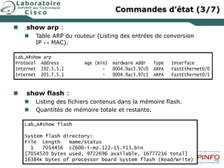  show arp :
 Table ARP du routeur (Listing des entrées de conversion
IP ↔ MAC).
 show flash :
 Listing des fichiers contenus dans la mémoire flash.
 Quantités de mémoire totale et restante.
Lab_A#show arp
Protocol Address Age (min) Hardware Addr Type Interface
Internet 192.5.5.1 - 0004.9ac3.97c0 ARPA FastEthernet0/0
Internet 205.7.5.1 - 0004.9ac3.97c1 ARPA FastEthernet0/1
Lab_A#show flash
System flash directory:
File Length Name/status
1 7054456 c2600-i-mz.122-15.T13.bin
[7054520 bytes used, 9722696 available, 16777216 total]
16384K bytes of processor board System flash (Read/Write)
Commandes d’état (3/7)
 