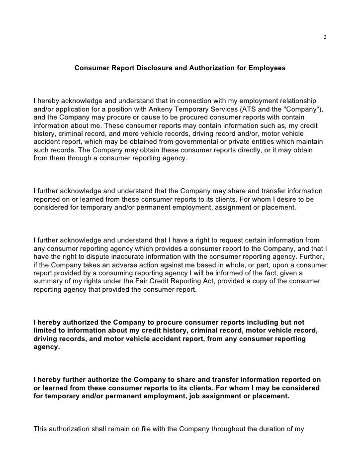 Consumer Report Disclosure and Authorization for Employeesx 5