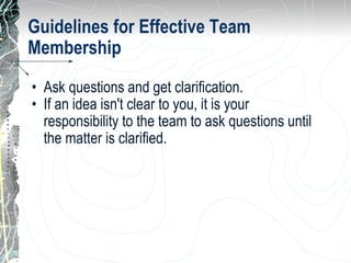 Guidelines for Effective Team Membership   Ask questions and get clarification.  If an idea isn't clear to you, it is your responsibility to the team to ask questions until the matter is clarified.  