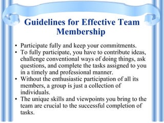 Guidelines for Effective Team Membership   Participate fully and keep your commitments.  To fully participate, you have to contribute ideas, challenge conventional ways of doing things, ask questions, and complete the tasks assigned to you in a timely and professional manner.  Without the enthusiastic participation of all its members, a group is just a collection of individuals.  The unique skills and viewpoints you bring to the team are crucial to the successful completion of tasks.  
