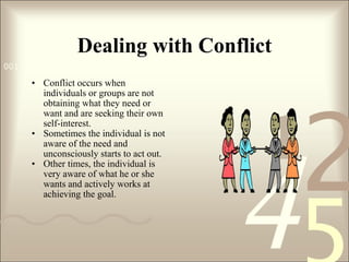 Dealing with Conflict Conflict occurs when individuals or groups are not obtaining what they need or want and are seeking their own self-interest.  Sometimes the individual is not aware of the need and unconsciously starts to act out.  Other times, the individual is very aware of what he or she wants and actively works at achieving the goal. 