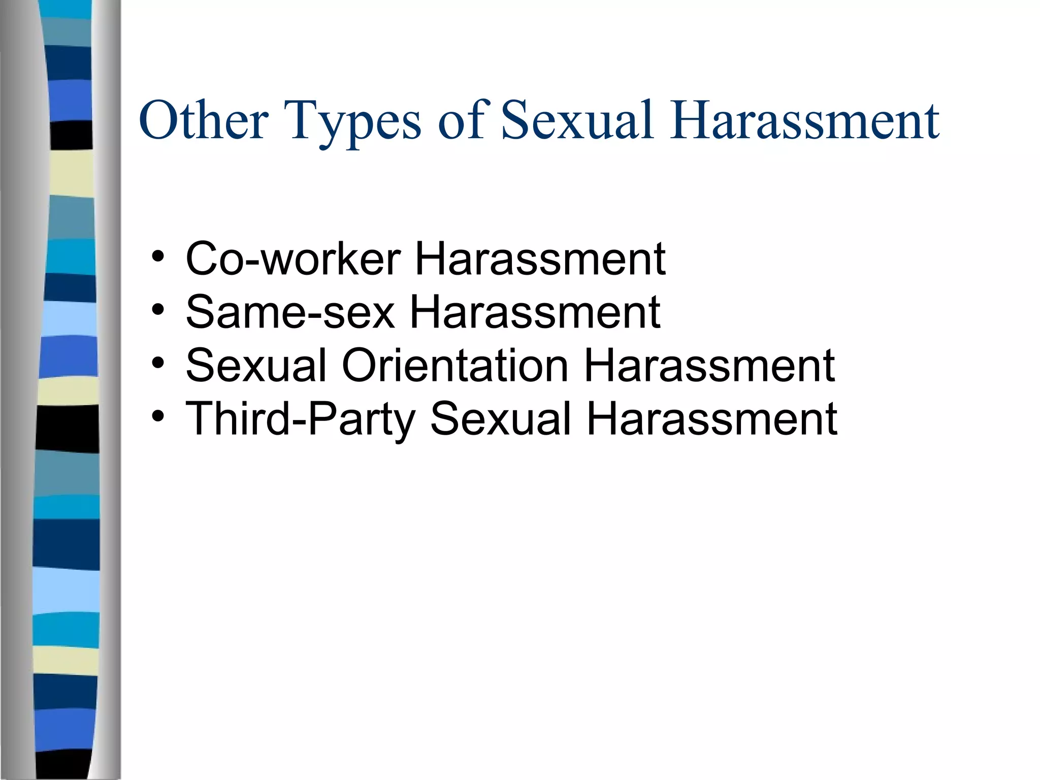 Other Types of Sexual Harassment  Co-worker Harassment Same-sex Harassment Sexual Orientation Harassment Third-Party Sexual Harassment 