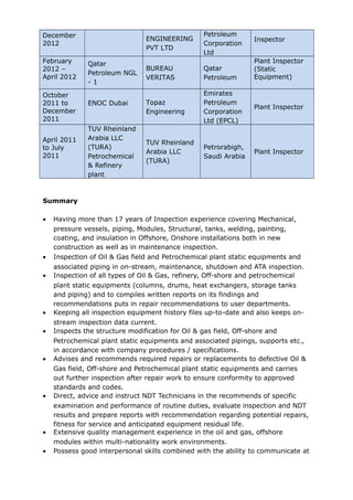 December
2012
ENGINEERING
PVT LTD
Petroleum
Corporation
Ltd
Inspector
February
2012 –
April 2012
Qatar
Petroleum NGL
- 1
BUREAU
VERITAS
Qatar
Petroleum
Plant Inspector
(Static
Equipment)
October
2011 to
December
2011
ENOC Dubai Topaz
Engineering
Emirates
Petroleum
Corporation
Ltd (EPCL)
Plant Inspector
April 2011
to July
2011
TUV Rheinland
Arabia LLC
(TURA)
Petrochemical
& Refinery
plant
TUV Rheinland
Arabia LLC
(TURA)
Petrorabigh,
Saudi Arabia
Plant Inspector
Summary
• Having more than 17 years of Inspection experience covering Mechanical,
pressure vessels, piping, Modules, Structural, tanks, welding, painting,
coating, and insulation in Offshore, Onshore installations both in new
construction as well as in maintenance inspection.
• Inspection of Oil & Gas field and Petrochemical plant static equipments and
associated piping in on-stream, maintenance, shutdown and ATA inspection.
• Inspection of all types of Oil & Gas, refinery, Off-shore and petrochemical
plant static equipments (columns, drums, heat exchangers, storage tanks
and piping) and to compiles written reports on its findings and
recommendations puts in repair recommendations to user departments.
• Keeping all inspection equipment history files up-to-date and also keeps on-
stream inspection data current.
• Inspects the structure modification for Oil & gas field, Off-shore and
Petrochemical plant static equipments and associated pipings, supports etc.,
in accordance with company procedures / specifications.
• Advises and recommends required repairs or replacements to defective Oil &
Gas field, Off-shore and Petrochemical plant static equipments and carries
out further inspection after repair work to ensure conformity to approved
standards and codes.
• Direct, advice and instruct NDT Technicians in the recommends of specific
examination and performance of routine duties, evaluate inspection and NDT
results and prepare reports with recommendation regarding potential repairs,
fitness for service and anticipated equipment residual life.
• Extensive quality management experience in the oil and gas, offshore
modules within multi-nationality work environments.
• Possess good interpersonal skills combined with the ability to communicate at
 