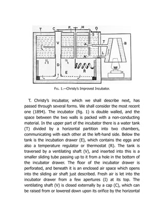 Fig. 1.—Christy’s Improved Incubator.
T. Christy’s incubator, which we shall describe next, has
passed through several forms. We shall consider the most recent
one (1894). The incubator (fig. 1) is double walled, and the
space between the two walls is packed with a non-conducting
material. In the upper part of the incubator there is a water tank
(T) divided by a horizontal partition into two chambers,
communicating with each other at the left-hand side. Below the
tank is the incubation drawer (E), which contains the eggs and
also a temperature regulator or thermostat (R). The tank is
traversed by a ventilating shaft (V), and inserted into this is a
smaller sliding tube passing up to it from a hole in the bottom of
the incubator drawer. The floor of the incubator drawer is
perforated, and beneath it is an enclosed air space which opens
into the sliding air shaft just described. Fresh air is let into the
incubator drawer from a few apertures (I) at its top. The
ventilating shaft (V) is closed externally by a cap (C), which can
be raised from or lowered down upon its orifice by the horizontal
 