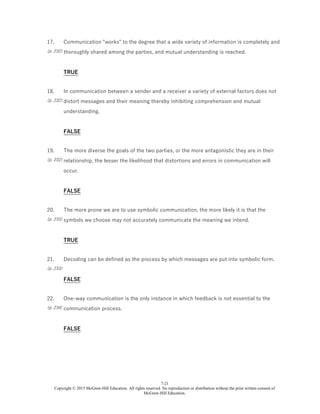 7-21
Copyright © 2015 McGraw-Hill Education. All rights reserved. No reproduction or distribution without the prior written consent of
McGraw-Hill Education.
17.
(p. 232)
Communication "works" to the degree that a wide variety of information is completely and
thoroughly shared among the parties, and mutual understanding is reached.
TRUE
18.
(p. 232)
In communication between a sender and a receiver a variety of external factors does not
distort messages and their meaning thereby inhibiting comprehension and mutual
understanding.
FALSE
19.
(p. 232)
The more diverse the goals of the two parties, or the more antagonistic they are in their
relationship, the lesser the likelihood that distortions and errors in communication will
occur.
FALSE
20.
(p. 233)
The more prone we are to use symbolic communication, the more likely it is that the
symbols we choose may not accurately communicate the meaning we intend.
TRUE
21.
(p. 233)
Decoding can be defined as the process by which messages are put into symbolic form.
FALSE
22.
(p. 234)
One-way communication is the only instance in which feedback is not essential to the
communication process.
FALSE
 