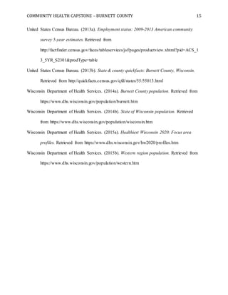 COMMUNITY HEALTH CAPSTONE – BURNETT COUNTY 15
United States Census Bureau. (2013a). Employment status: 2009-2013 American community
survey 5-year estimates. Retrieved from
http://factfinder.census.gov/faces/tableservices/jsf/pages/productview.xhtml?pid=ACS_1
3_5YR_S2301&prodType=table
United States Census Bureau. (2013b). State & county quickfacts: Burnett County, Wisconsin.
Retrieved from http://quickfacts.census.gov/qfd/states/55/55013.html
Wisconsin Department of Health Services. (2014a). Burnett County population. Retrieved from
https://www.dhs.wisconsin.gov/population/burnett.htm
Wisconsin Department of Health Services. (2014b). State of Wisconsin population. Retrieved
from https://www.dhs.wisconsin.gov/population/wisconsin.htm
Wisconsin Department of Health Services. (2015a). Healthiest Wisconsin 2020: Focus area
profiles. Retrieved from https://www.dhs.wisconsin.gov/hw2020/profiles.htm
Wisconsin Department of Health Services. (2015b). Western region population. Retrieved from
https://www.dhs.wisconsin.gov/population/western.htm
 