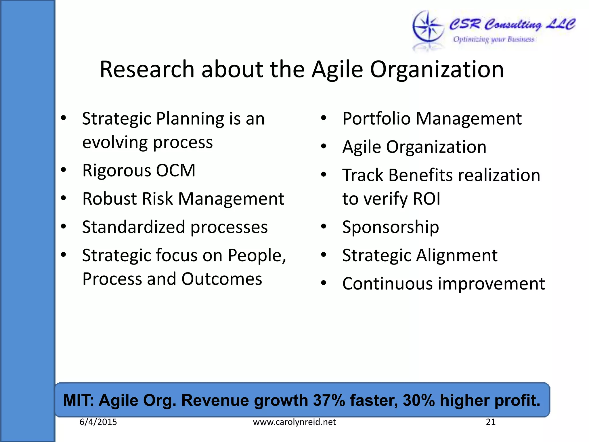 Research about the Agile Organization
• Strategic Planning is an
evolving process
• Rigorous OCM
• Robust Risk Management
• Standardized processes
• Strategic focus on People,
Process and Outcomes
• Portfolio Management
• Agile Organization
• Track Benefits realization
to verify ROI
• Sponsorship
• Strategic Alignment
• Continuous improvement
MIT: Agile Org. Revenue growth 37% faster, 30% higher profit.
6/4/2015 www.carolynreid.net 21
 