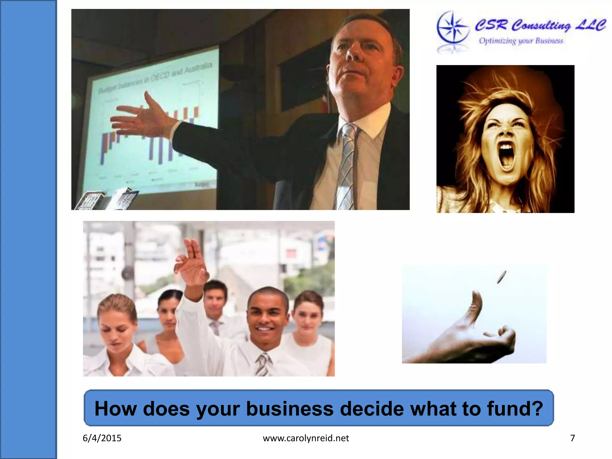How does your business decide what to fund?
6/4/2015 www.carolynreid.net 7
 