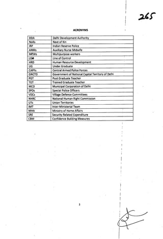 .2Cf
ACRONYMS
DDA Delhi Development Authority
NoKs Next of Kin
IRP Indian Reserve Police
ANMs Auxiliary Nurse Midwife
MP/W...