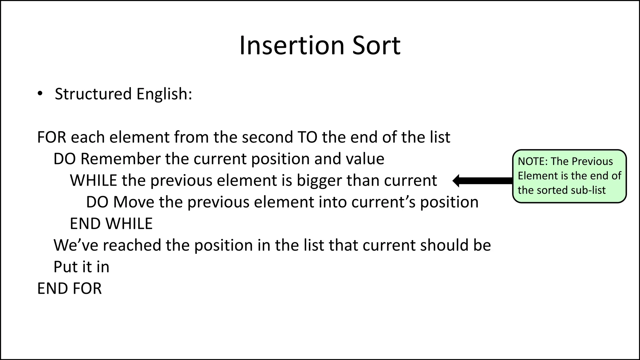 Insertion Sort
• Structured English:
FOR each element from the second TO the end of the list
DO Remember the current position and value
WHILE the previous element is bigger than current
DO Move the previous element into current’s position
END WHILE
We’ve reached the position in the list that current should be
Put it in
END FOR
NOTE: The Previous
Element is the end of
the sorted sub-list
 