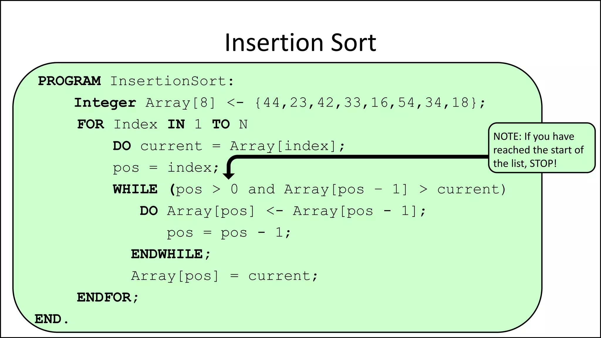 PROGRAM InsertionSort:
Integer Array[8] <- {44,23,42,33,16,54,34,18};
FOR Index IN 1 TO N
DO current = Array[index];
pos = index;
WHILE (pos > 0 and Array[pos – 1] > current)
DO Array[pos] <- Array[pos - 1];
pos = pos - 1;
ENDWHILE;
Array[pos] = current;
ENDFOR;
END.
Insertion Sort
NOTE: If you have
reached the start of
the list, STOP!
 