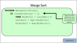PROGRAM MergeSort(Array):
IF (length(Array) > 1)
THEN MidPoint = len(Age)//2
LeftHalf = Age[:MidPoint]
RightHalf = Age[MidPoint:]
Merge Sort
Keep recursively
splitting the array
until you get down
sub-arrays of one
element.
Continued 
 