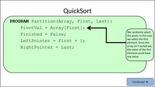 PROGRAM Partition(Array, First, Last):
PivotVal = Array[First];
Finished = False;
LeftPointer = First + 1;
RightPointer = Last;
QuickSort
We randomly select
the pivot, in this case
we select the first
element. Since the
array isn’t sorted yet,
the value of the first
element could have
any value
Continued 
 