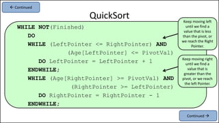 WHILE NOT(Finished)
DO
WHILE (LeftPointer <= RightPointer) AND
(Age[LeftPointer] <= PivotVal)
DO LeftPointer = LeftPointer + 1
ENDWHILE;
WHILE (Age[RightPointer] >= PivotVal) AND
(RightPointer >= LeftPointer)
DO RightPointer = RightPointer - 1
ENDWHILE;
QuickSort
Continued 
 Continued
Keep moving left
until we find a
value that is less
than the pivot, or
we reach the Right
Pointer.
Keep moving right
until we find a
value that is
greater than the
pivot, or we reach
the left Pointer.
 