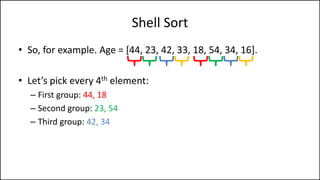 Shell Sort
• So, for example. Age = [44, 23, 42, 33, 18, 54, 34, 16].
• Let’s pick every 4th element:
– First group: 44, 18
– Second group: 23, 54
– Third group: 42, 34
 