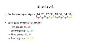 Shell Sort
• So, for example. Age = [44, 23, 42, 33, 18, 54, 34, 16].
• Let’s pick every 4th element:
– First group: 44, 18
– Second group: 23, 54
– Third group: 42, 34
– Fourth group: 33, 16
 