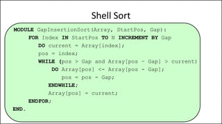 MODULE GapInsertionSort(Array, StartPos, Gap):
FOR Index IN StartPos TO N INCREMENT BY Gap
DO current = Array[index];
pos = index;
WHILE (pos > Gap and Array[pos – Gap] > current)
DO Array[pos] <- Array[pos - Gap];
pos = pos - Gap;
ENDWHILE;
Array[pos] = current;
ENDFOR;
END.
Shell Sort
 